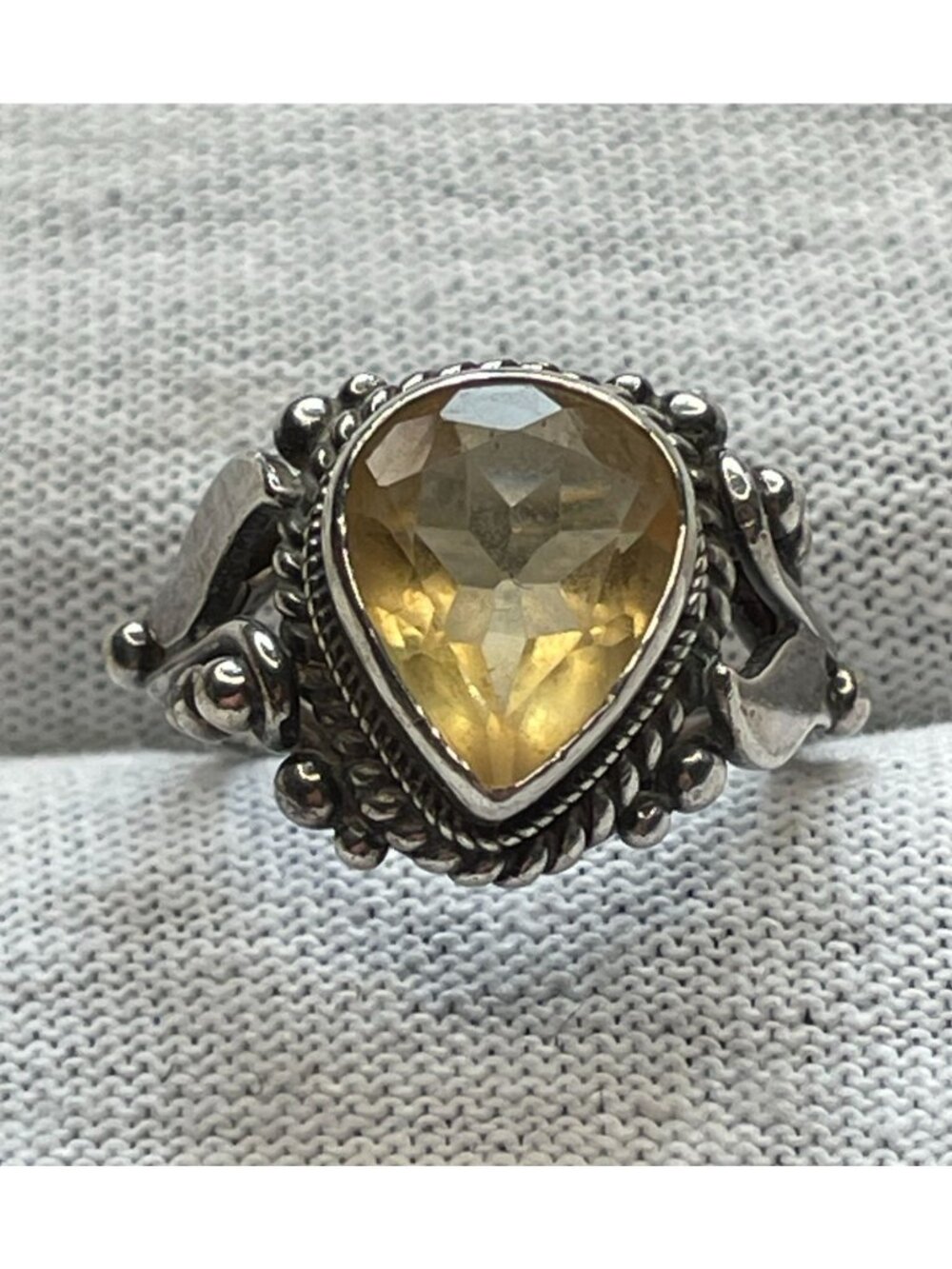 Vintage 925 Sterling Silver Pear Citrine Artisan Ornate Leaf Estate Ring Size 5.